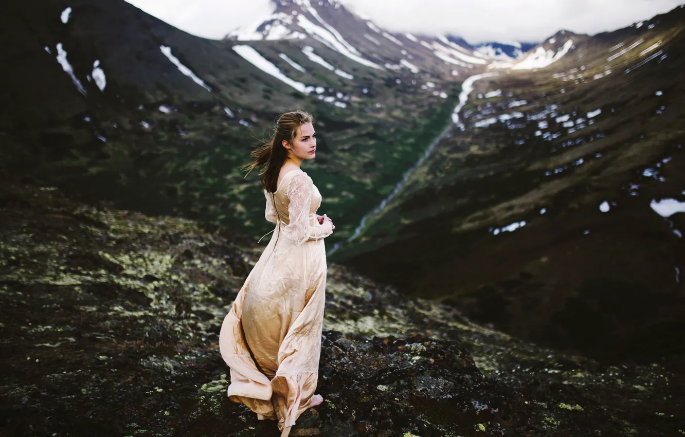 Photo wallpaper girl, snow, mountains, view, dress