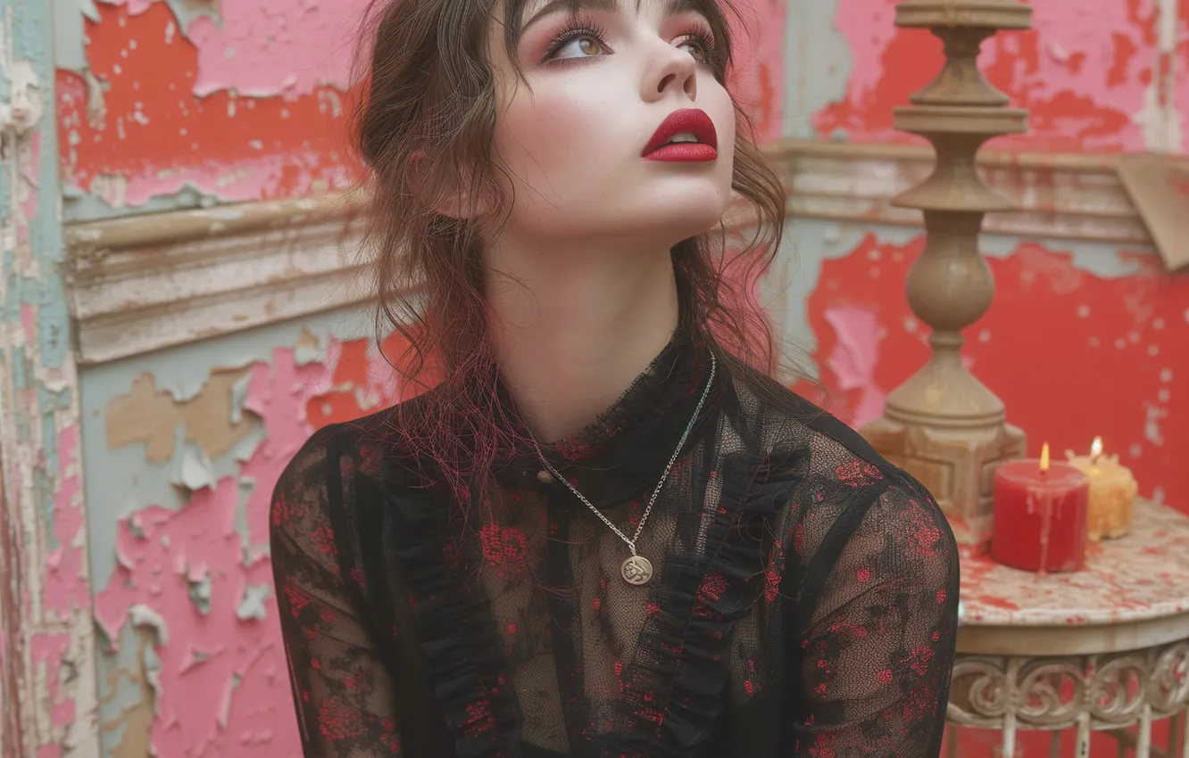 Photo wallpaper girl, cracked, wall, paint, candles, pendant, blouse, pink background
