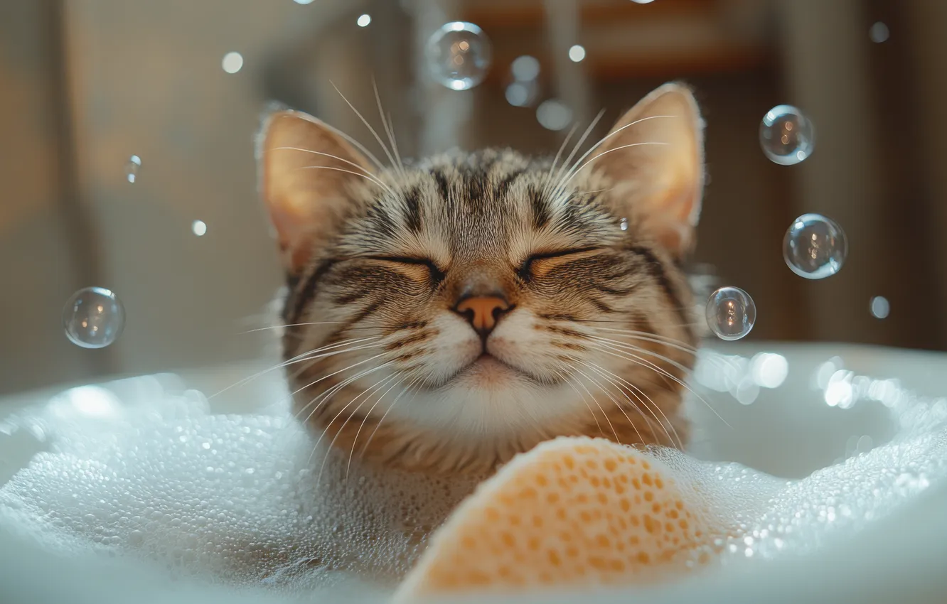 Photo wallpaper cat, cat, foam, water, grey, relax, bathing, bubbles