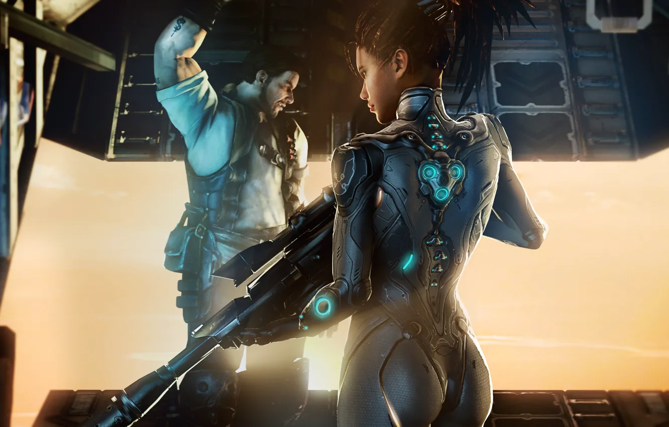 Photo wallpaper ass, woman, costume, male, starcraft 2, Sarah Kerrigan, Jim Raynor, terran