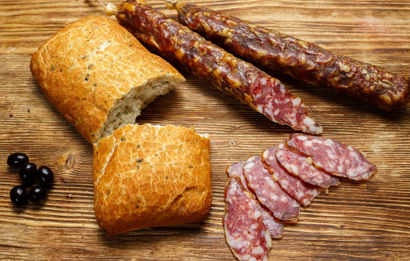 Photo wallpaper bread, sausage, olives