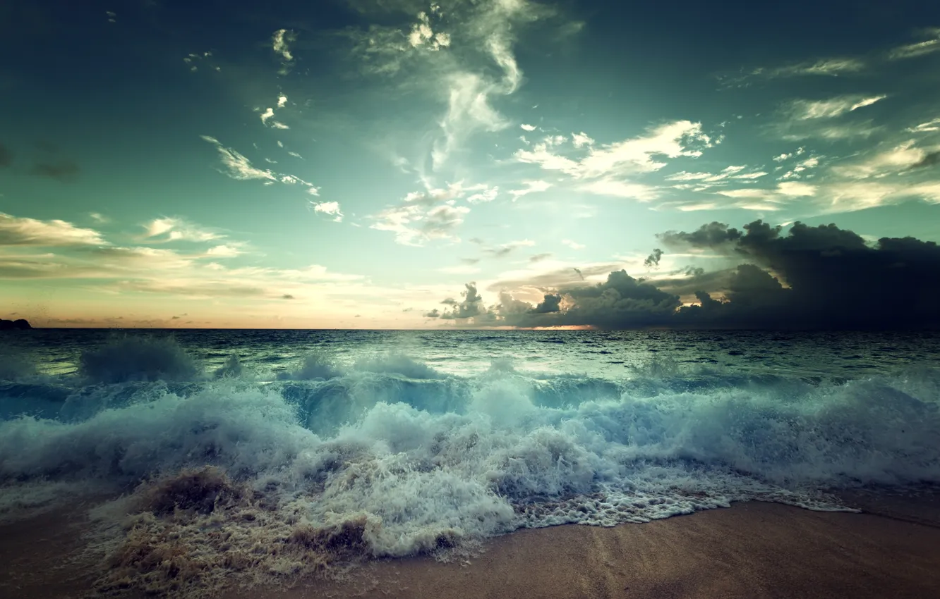 Photo wallpaper sand, sea, wave, clouds, shore, surf