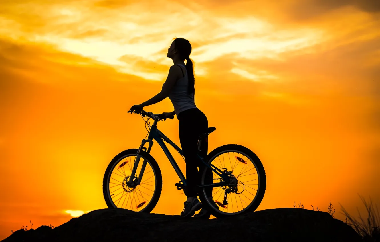 Photo wallpaper the sky, girl, sunset, bike, sport, silhouette, bike, twilight
