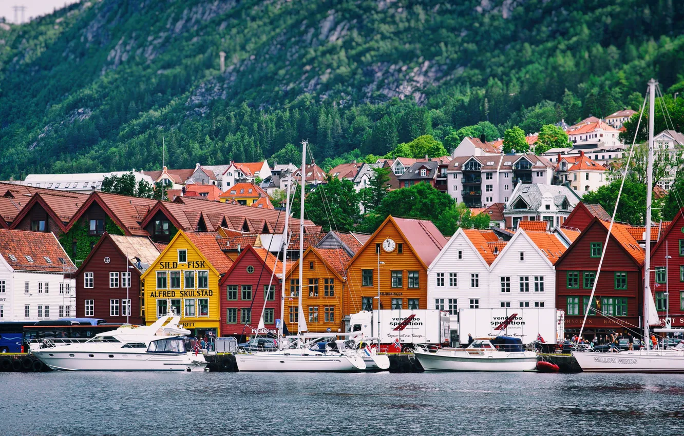 Photo wallpaper sea, mountains, the city, home, yachts, Norway