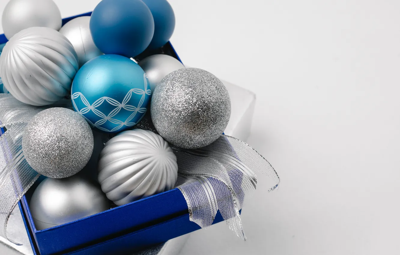 Photo wallpaper balls, close-up, holiday, box, blue, Christmas, tape, New year