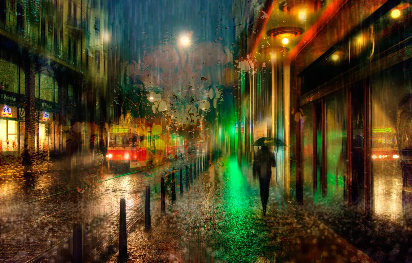 Photo wallpaper night, rain, Prague, tram