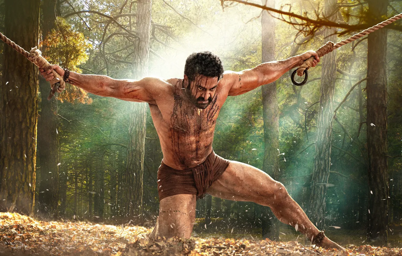 Photo wallpaper forest, trees, rope, male, rrr, Indian cinema, Rise Roar Revolt, Ajay Devgn