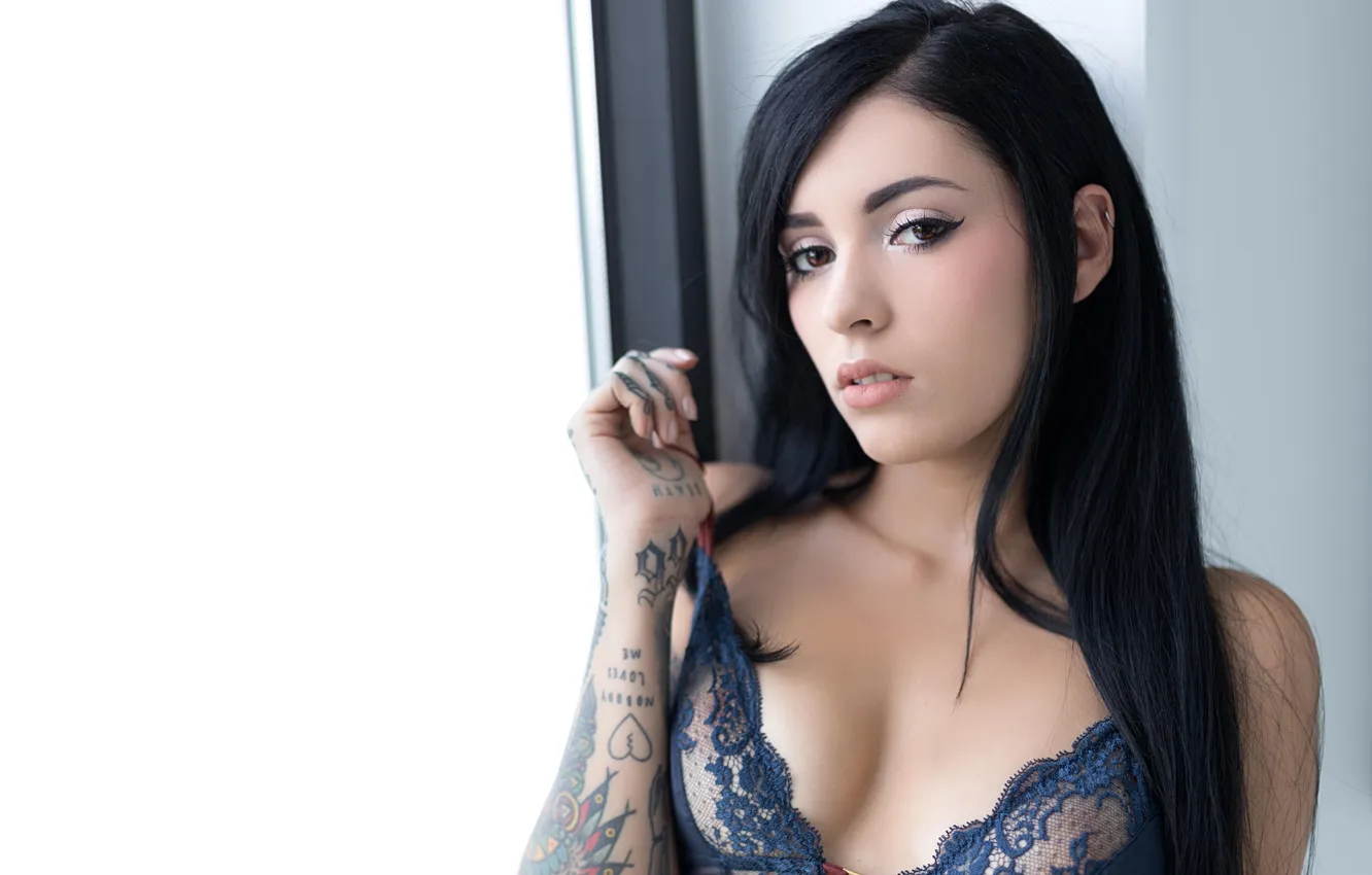 Photo wallpaper girl, cleavage, bodysuit, boobs, photo, model, brunette, portrait