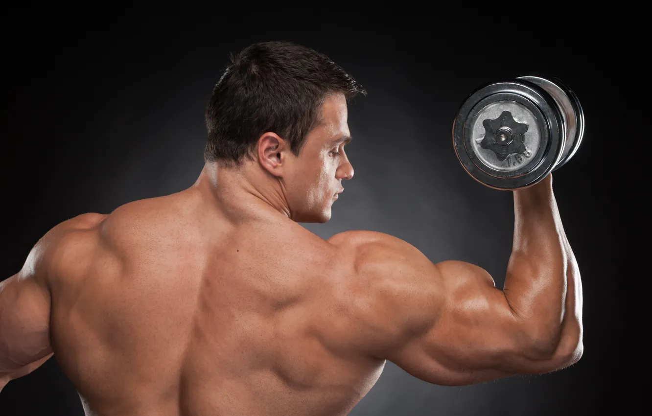 Photo wallpaper man, back, muscular, shoulders, dumbbells, bodybuilder