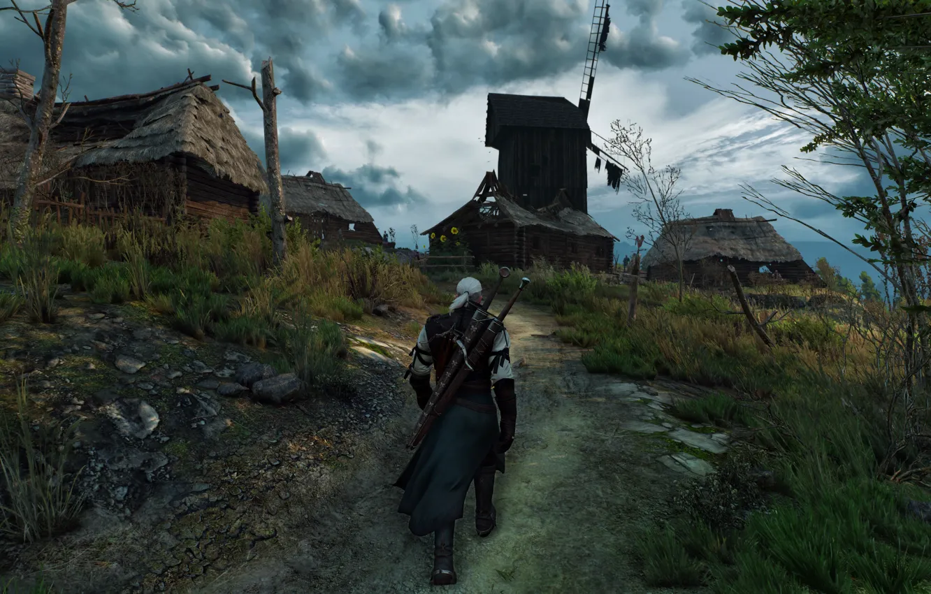 Photo wallpaper sword, mill, hut, The Wild Hunt, The Witcher, rpg, Geralt, CD Projekt RED