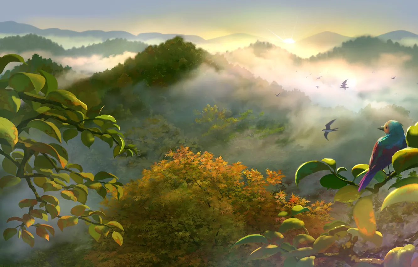 Photo wallpaper summer, mountains, anime, art, bird, yuliuyang