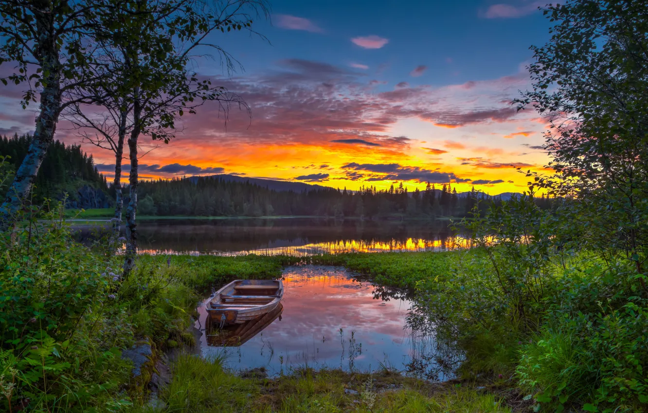 Photo wallpaper sunset, lake, boat