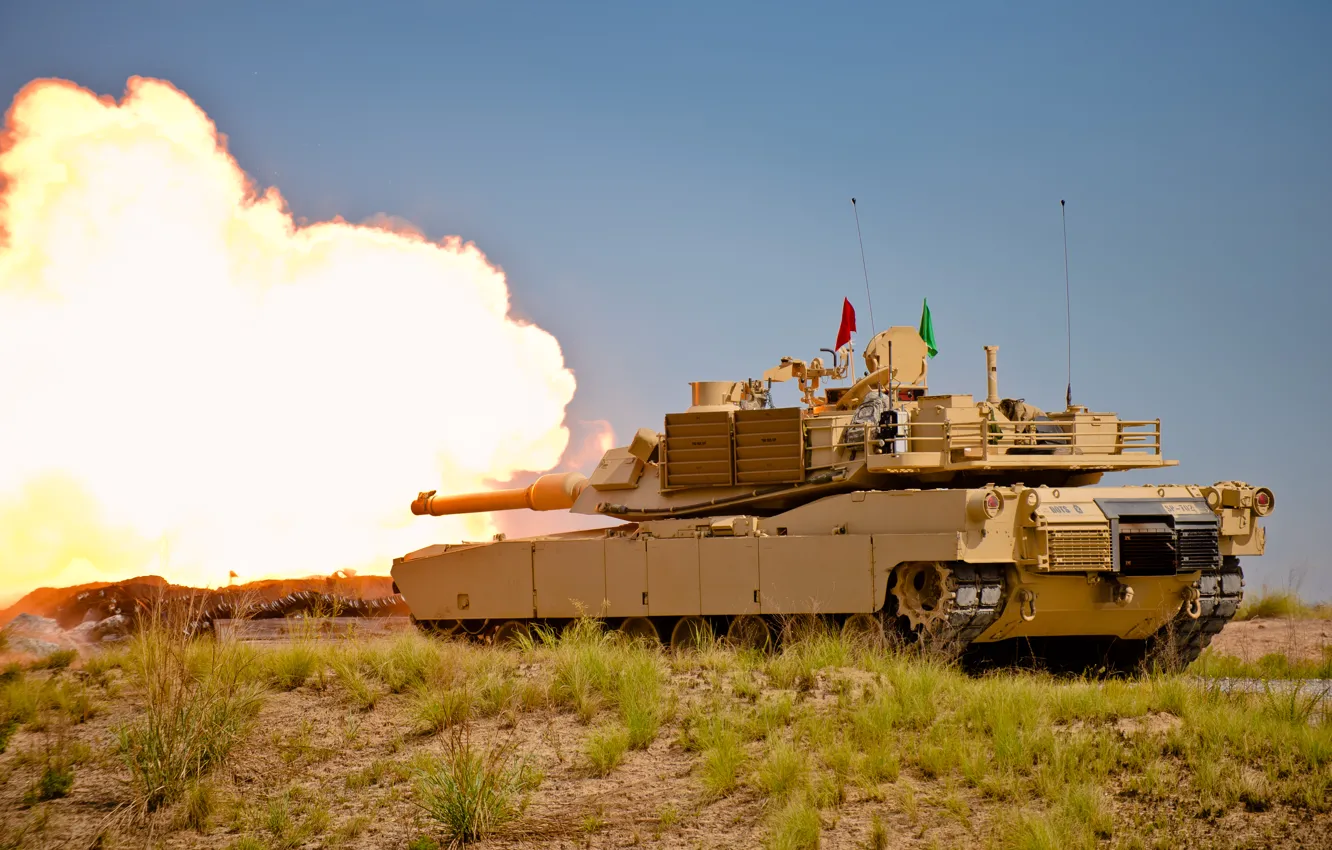 Photo wallpaper grass, flame, earth, smoke, shot, tank, shooting, combat