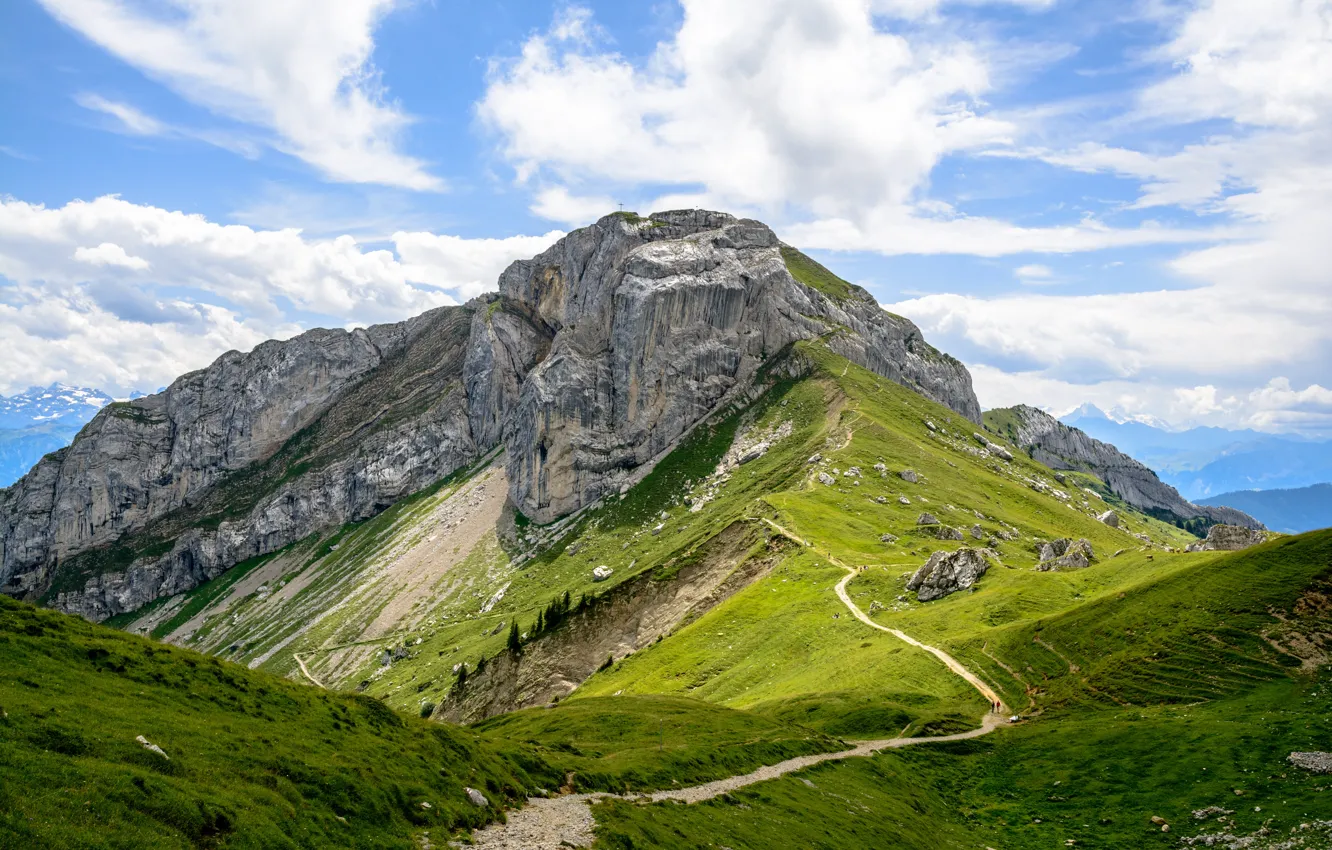 Photo wallpaper Nature, Mountains, Rocks, Alps, Trail, Landscape, Top