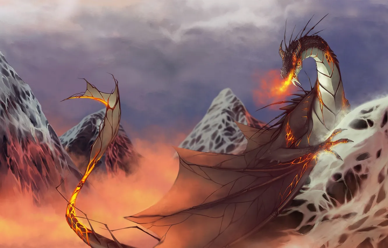 Photo wallpaper cold, winter, the sky, clouds, mountains, nature, lights, dragon