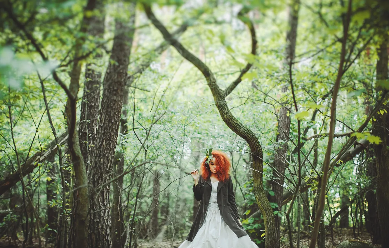 Photo wallpaper forest, girl, red