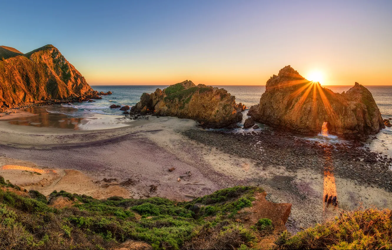 Photo wallpaper sea, sunset, stones, rocks, coast, horizon, the rays of the sun, California
