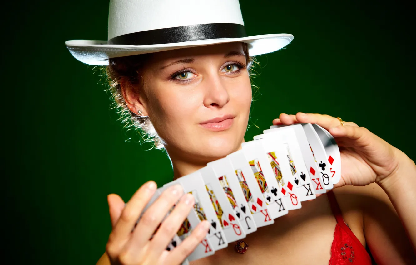 Photo wallpaper sexy, hat, look, shuffling cards