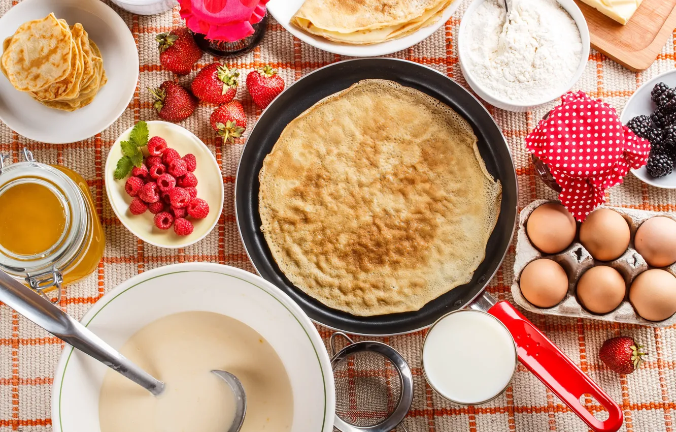 Photo wallpaper raspberry, eggs, pancakes