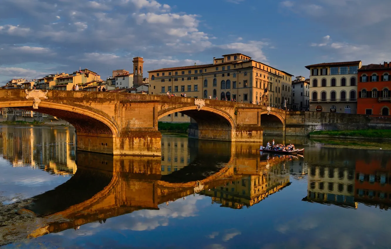 Photo wallpaper bridge, reflection, river, Italy, Florence, Arno, Santa Trinita