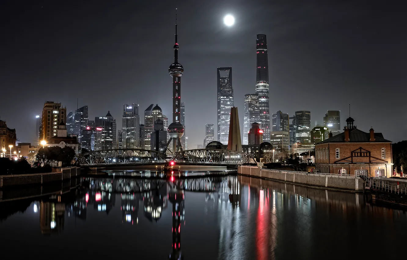 Photo wallpaper night, bridge, the city, lights, China, Shanghai