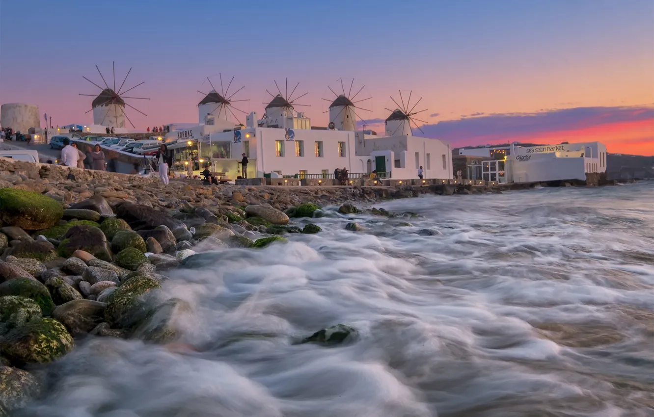 Photo wallpaper sea, shore, Greece, windmills, Mykonos