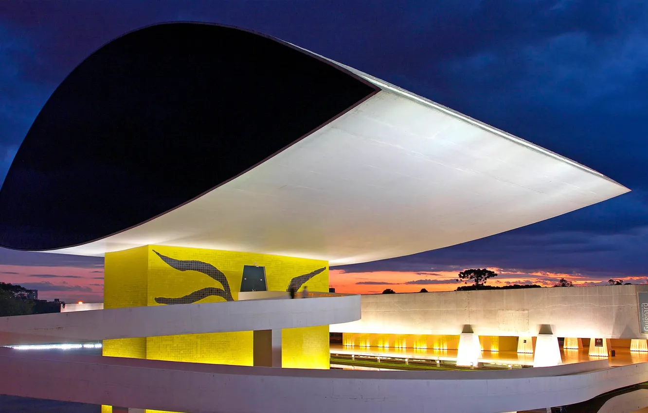 Photo wallpaper night, lights, Museum, Brazil, Curitiba, Oscar Niemeyer, Paraná