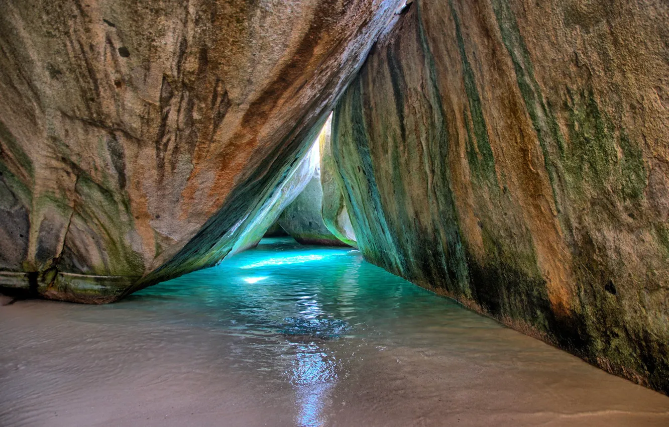 Photo wallpaper sand, water, the ocean, rocks, cave