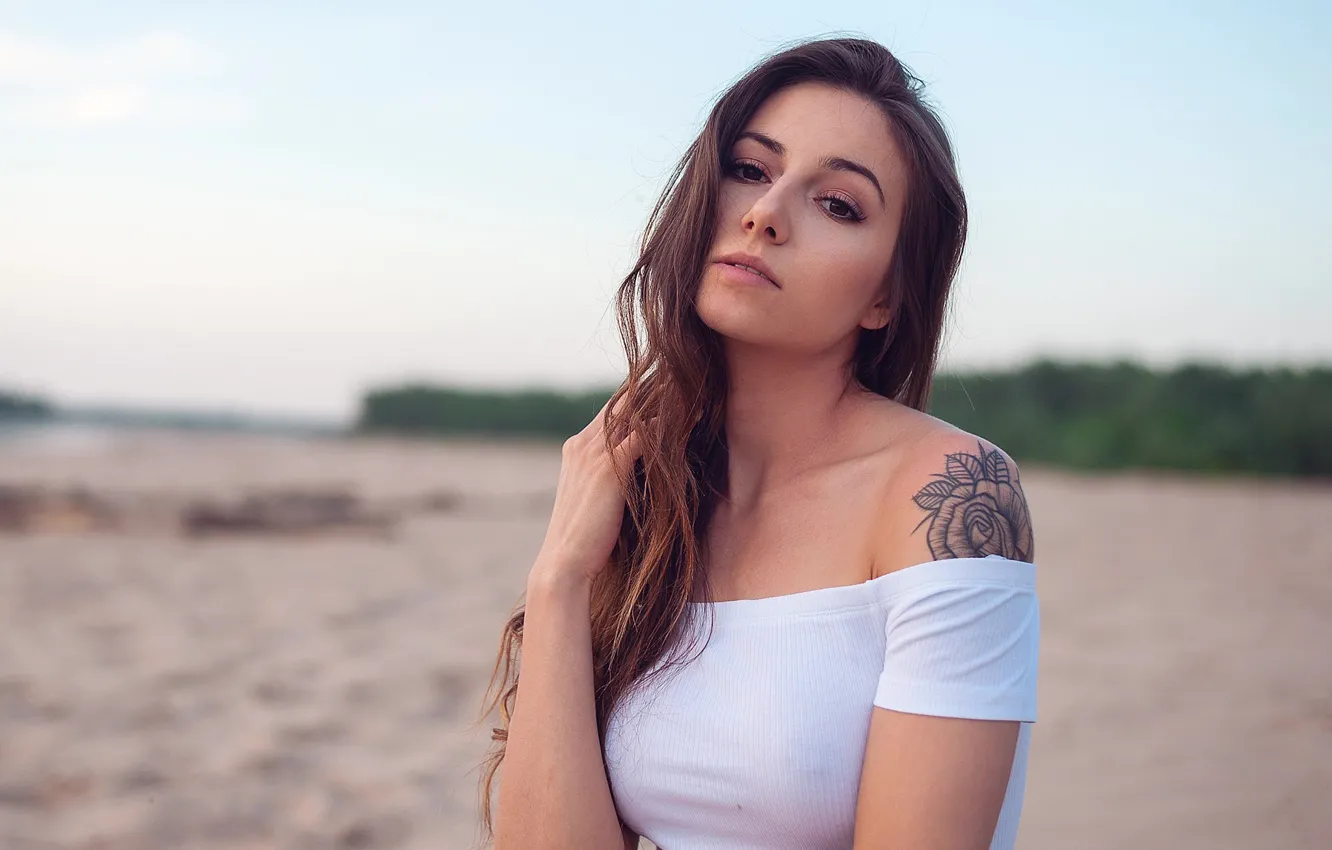 Photo wallpaper girl, long hair, brown eyes, photo, photographer, model, tattoo, bokeh