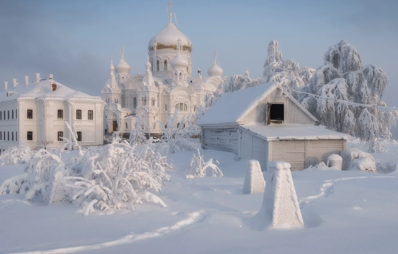 Photo wallpaper winter, snow, landscape, temple, the monastery, dome, Perm Krai