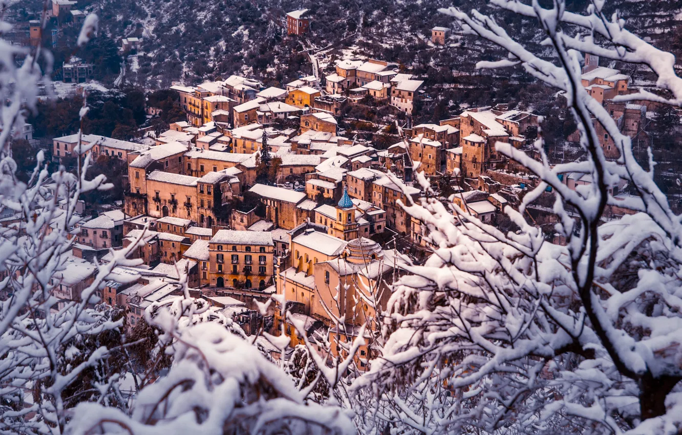 Photo wallpaper Home, Winter, Snow, Panorama, Roof, Italy, Building, Winter