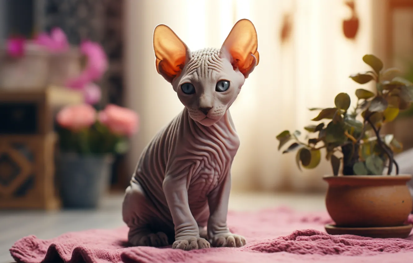 Photo wallpaper cat, look, light, flowers, pose, room, floor, pot