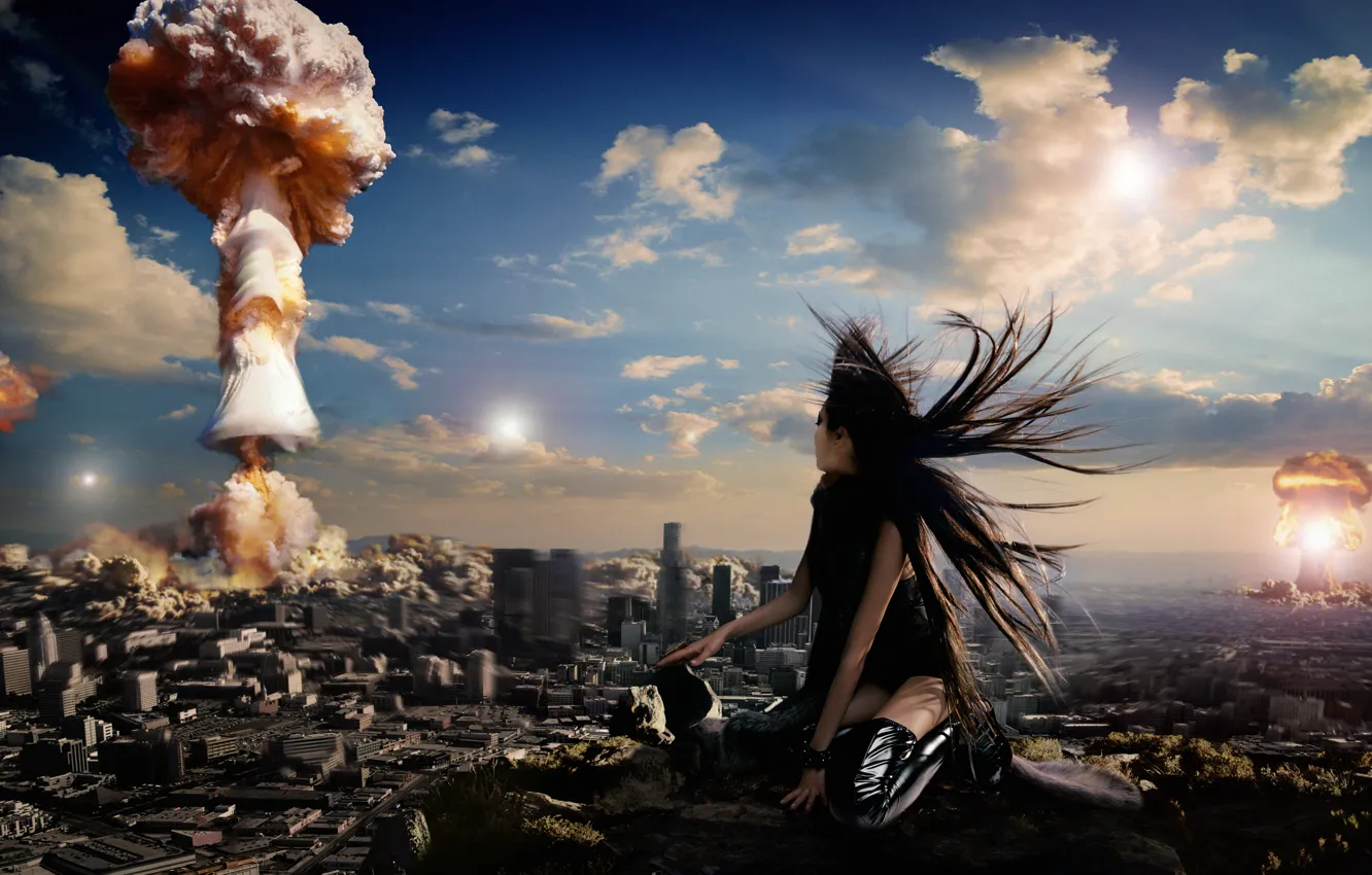 Photo wallpaper girl, the city, the situation, atomic explosion