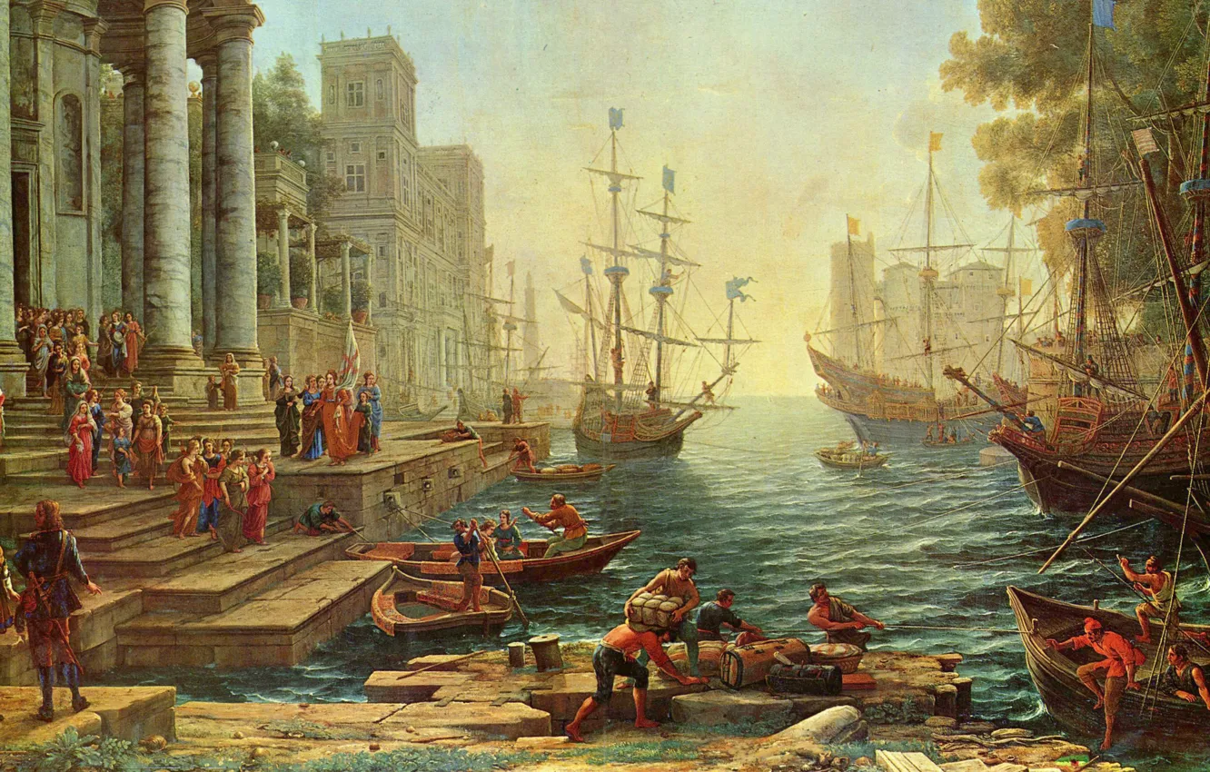 Photo wallpaper picture, painting, painting, Claude Lorrain, 1641, Seaport with the Embarkation of St.Ursula