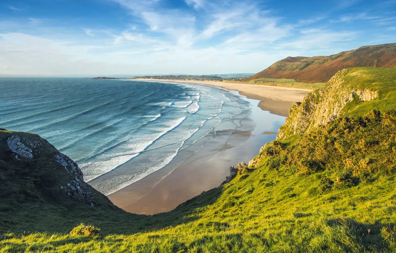 Photo wallpaper sea, greens, beach, the sky, grass, the sun, clouds, mountains