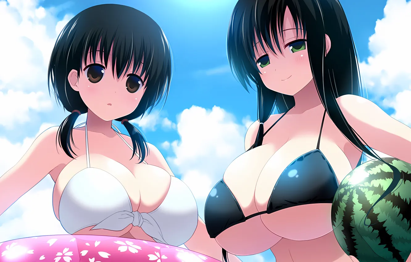 Photo wallpaper sexy, cleavage, sky, green eyes, long hair, girls, brown eyes, boobs