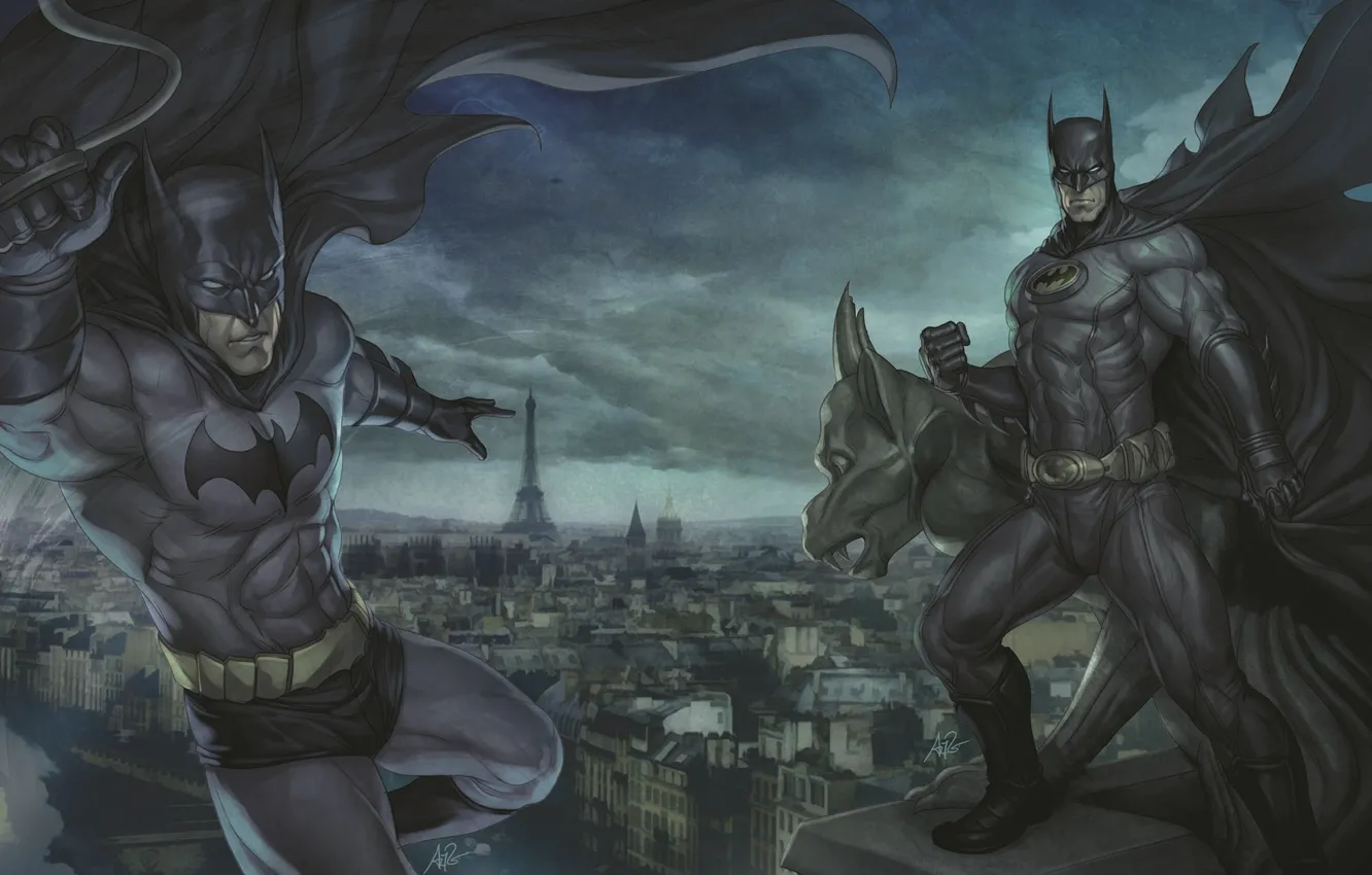 Photo wallpaper roof, Paris, Batman, cloak, Batman, artgerm (stanley lau), gargoyle, DC Comics