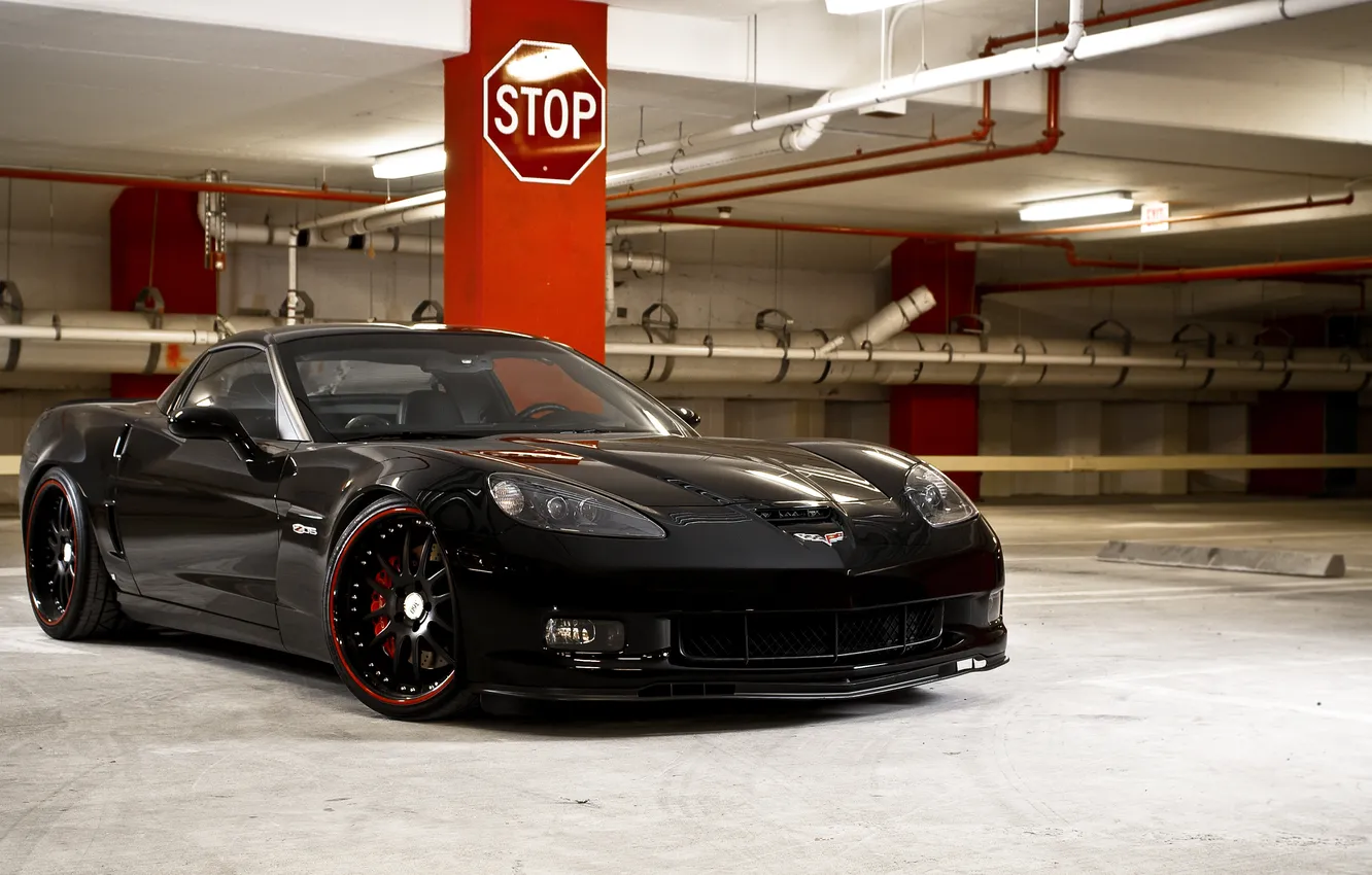 Photo wallpaper black, Z06, Corvette, Chevrolet, Parking, Chevrolet, black, road sign