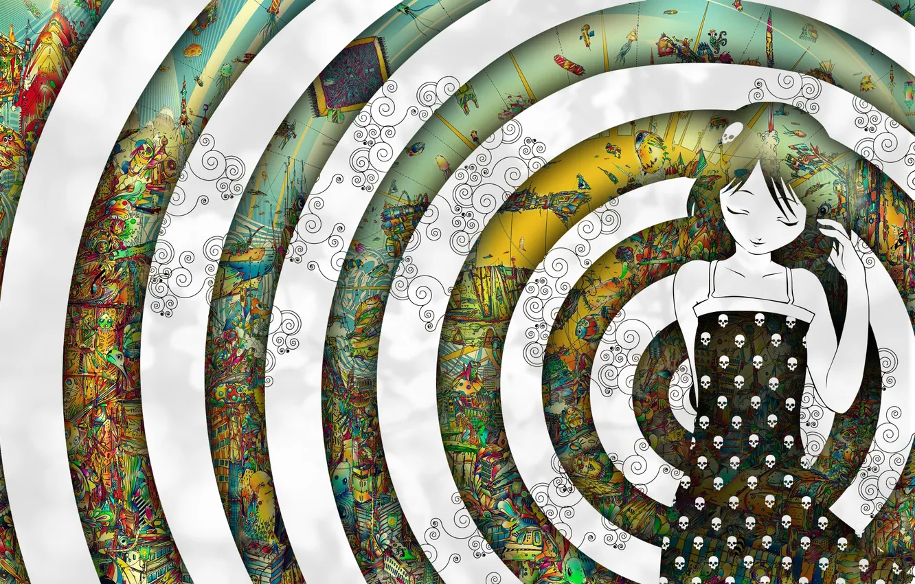 Photo wallpaper girl, circles, pattern, skull, girl, psychedelic