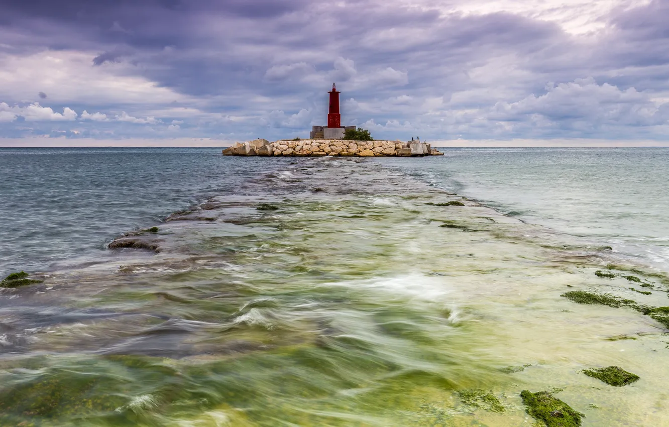 Photo wallpaper sea, clouds, stones, lighthouse, horizon, Spain, Valencia, La Vila Red Sea Coast And Sinai