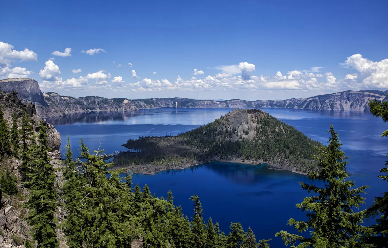 Photo wallpaper the sky, clouds, trees, lake, stones, rocks, island, Canada