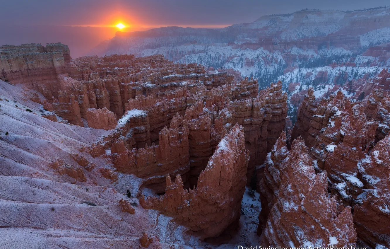 Photo wallpaper winter, the sun, snow, canyon