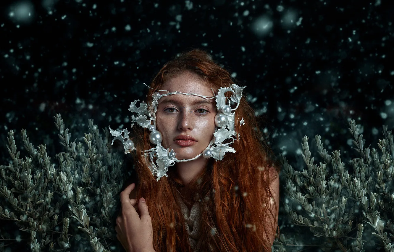 Photo wallpaper look, girl, decoration, nature, pose, style, the dark background, plant