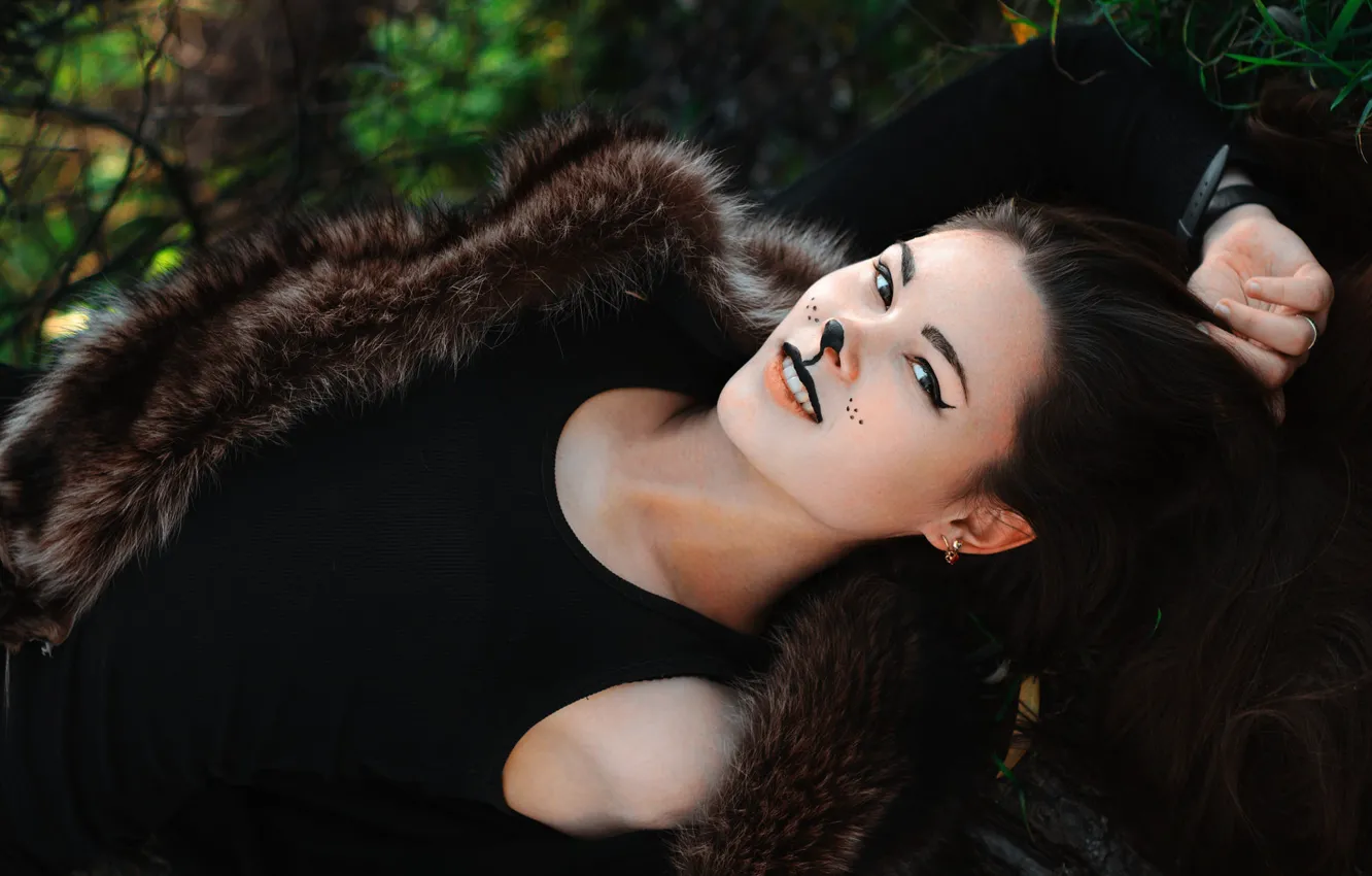 Photo wallpaper cat, look, girl, nature, face, pose, style, portrait