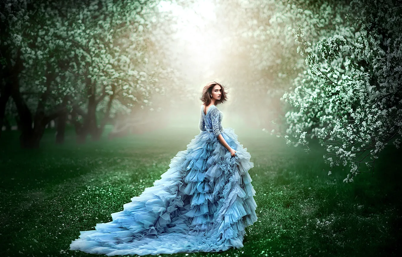 Photo wallpaper greens, grass, girl, trees, flowers, branches, nature, pose