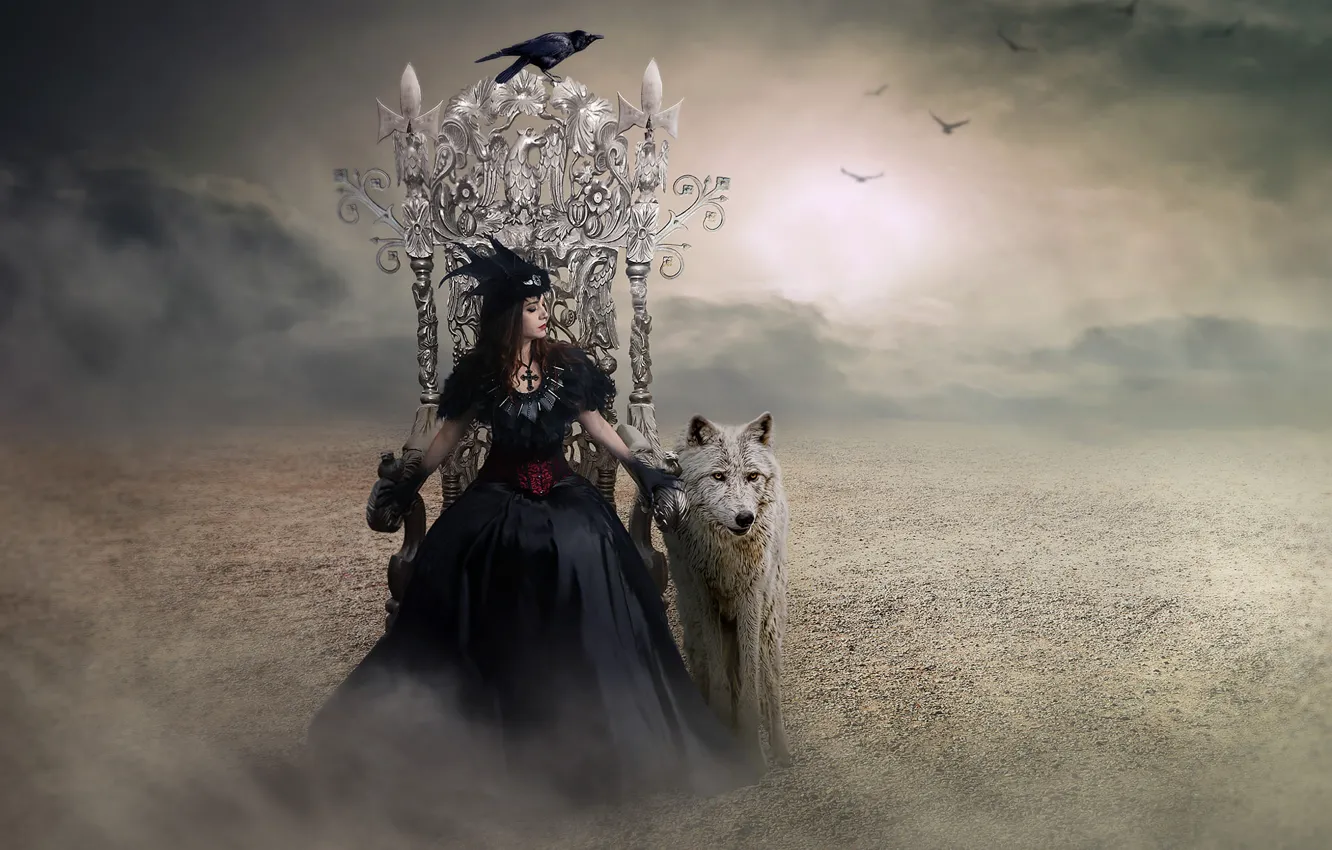 Photo wallpaper girl, black, wolf, witch, Princess, the throne, Queen, Tracy Lundgren