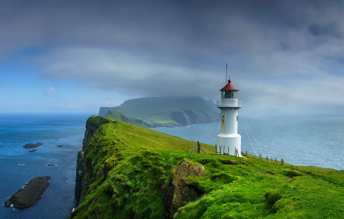 Photo wallpaper clouds, landscape, fog, the ocean, rocks, lighthouse, island, Faroe Islands