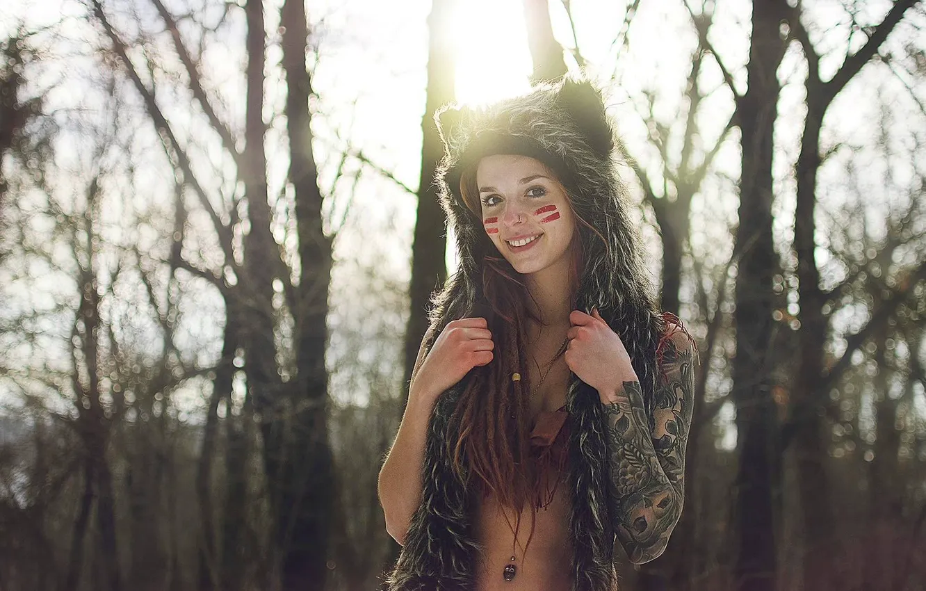 Photo wallpaper look, girl, smile, piercing, tattoo, girl, smile, tattoo