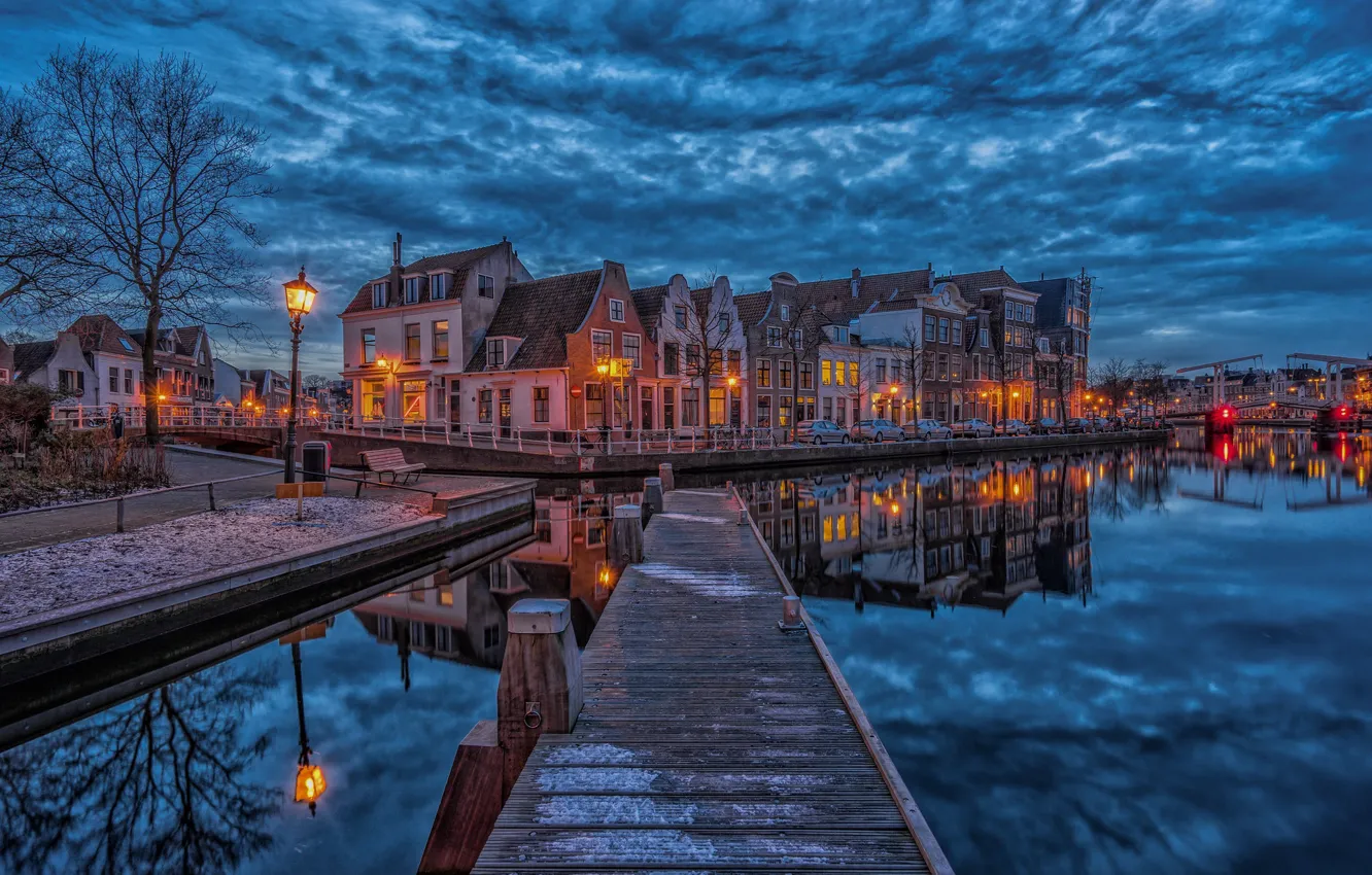 Photo wallpaper the city, building, home, the evening, pier, lighting, lights, channel