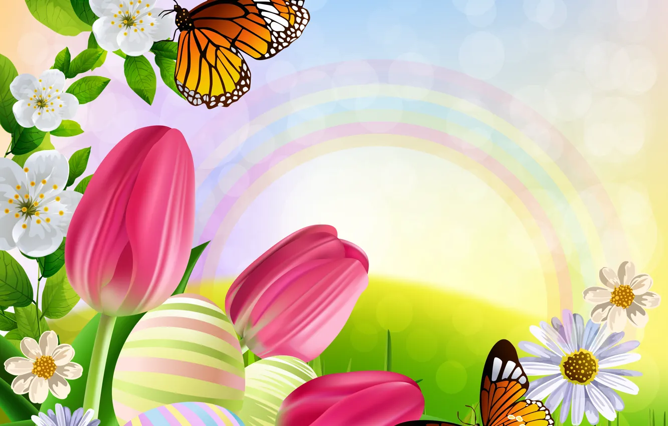 Photo wallpaper butterfly, flowers, figure, rainbow, tulips, brightness